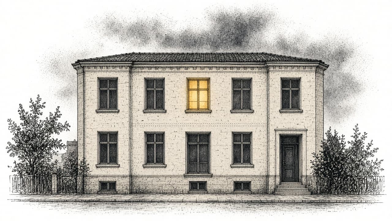 Ilustración de un edificio de noche con una sola ventana encendida